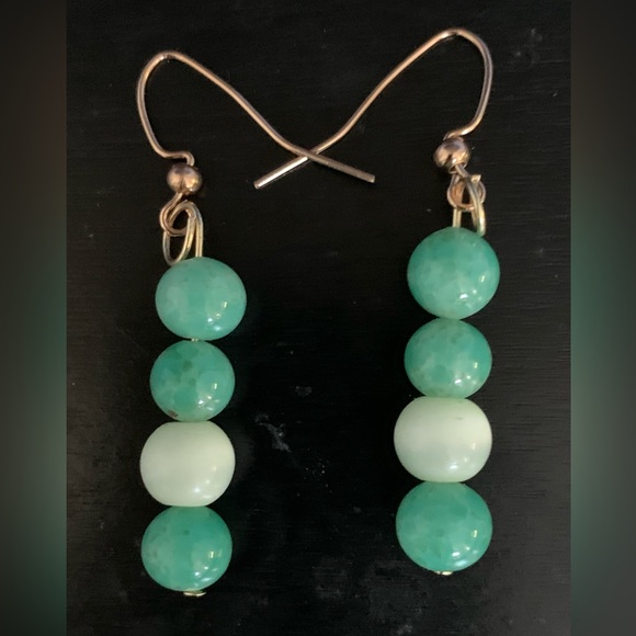 HAND CRAFTED earrings w/green stones & pale green stone chatoyant bead. Hang 2” - Picture 1 of 3